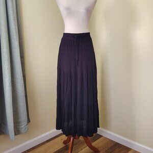 Black Textured PASSPORT Drawstring Tiered Prairie Style Maxi Skirt - M